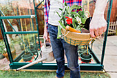 Nahaufnahme eines Mannes mit Korb mit Blumen und Gießkanne vor dem Gewächshaus im Garten