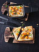 Flammkuchen-Raclette with caraway sour cream and butternut squash
