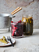 Pickled okra and beetroot pickles with coffee and orange