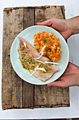 Potato and carrot mash with smoked trout fillet