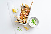 Misto di pesce croccante (Fried fish and seafood, Italy) with lemon mayonnaise