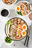 Soup with Udon, shrimps and eggs