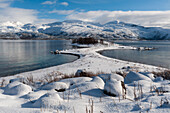 Snowy fjord near Lodingen, Lofoten Islands, Nordland, Norway