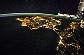 Cygnus cargo and Iberian Penisula, astronaut photograph