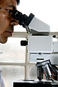 Pathologist analysing a sample under a microscope