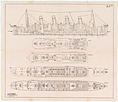 Profile and deck views of the Titanic, illustration