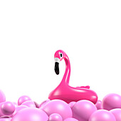 Inflatable flamingo among balloons, illustration