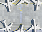 Aeroplanes parked at airport parking area, illustration