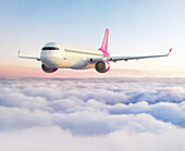 Aeroplane flying above the clouds, illustration