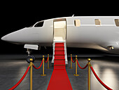 Red carpet leading to a private aeroplane, illustration