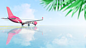 Aeroplane under tropical palm leaves, illustration