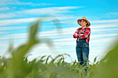 Farmer standing in ripe corn field