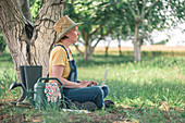Farmer using laptop in walnut orchard