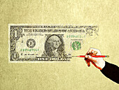 Hand drawing a dollar bill, conceptual illustration