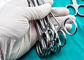 Gloved hand holding surgical instruments