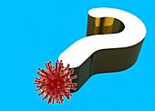 Coronavirus particle and question mark, illustration