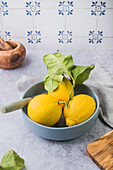 Fresh lemons with leaves in ceramic bowl