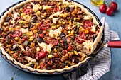 Vegan 'Mexican Style' quiche with soya mince, kidney beans and corn