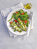 Roast bread with green beans and feta served with green salad