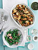 Fried potatoes and green beans as vegetable side dishes