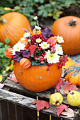 Herbstgesteck aus Lampionblumen, Chrysanthemen, Schneeballbeeren und Hagebutten in ausgehöhltem Kürbis