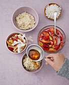 Vegan millet porridge with strawberries and rhubarb