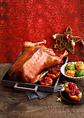 Farmer's goose with dumpling duo and red cabbage in baked apple