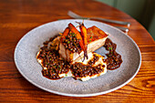 Pork Belly with Carrots, Puy Lentils and Celery Puree