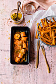 Curried carrots à la 'Currywurst' with ketchup and sweet potato fries