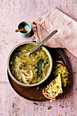 Vegan onion soup with grilled bread