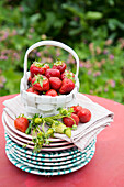 Tellerstapel und Körbchen mit frischen Erdbeeren auf Tisch im Garten