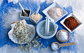 Different kinds of salt in small bowls