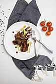 Lamb cutlets with hoisin and balsamic glaze, grilled shallots