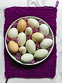 Raw chicken eggs on round shaped plate with blossoming flowers on purple napkin