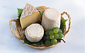 Drei Sorten Käse und Weintrauben auf kleinem, runden Korbtablett mit Henkeln