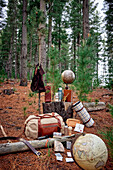Vintage globe, travel bag, mat, on forest floor - gift idea for globetrotters