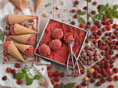 Waffles with raspberry ice cream, raspberry ice cream scoops and ice cream scoop in bowl and raspberries
