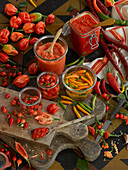 Chili sauces and pickled chilies in vinegar