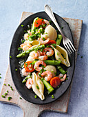 Pasta salad with large shell pasta, green asparagus, and shrimps