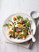 Citrus pasta salad with radishes and hard-boiled eggs