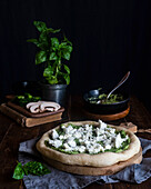 Appetizing vegetarian uncooked pizza with Mozzarella cheese and green pesto sauce placed on table with basil leaves in dark room