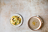 Roasted celery with apple and cheese, celery soup with mushrooms