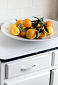 Detail of a large bowl of oranges and lemons on a white set of drawers