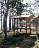 Raised veranda surrounded by trees with a lake in the background