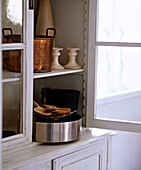 White wood display cabinet glass doors interiors detail