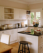 Overview of traditional kitchen workspace and diner