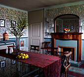 Contrasting wallpaper in Georgian farmhouse dining room