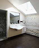 Mosaic tiled bathroom with marble walk-in shower