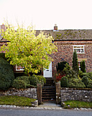 Front gate and tree in garden of terraced brick cottage