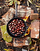Chestnuts (Castanea) cooking on an open fire Essex England UK